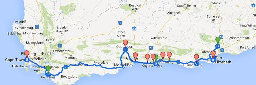 Our Garden Route Roadtrip map. Point A is where we started in Port Elizabeth. Thank you Google Maps!