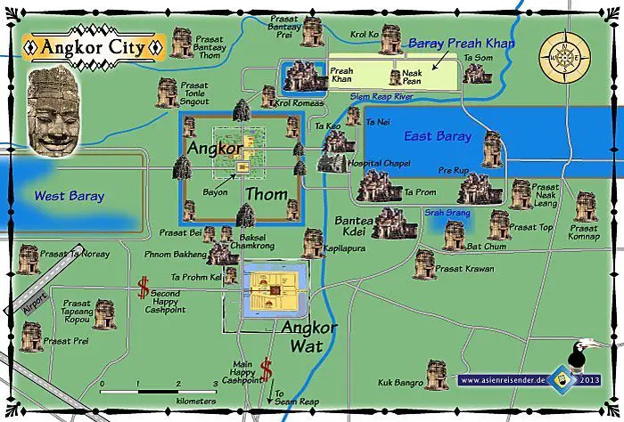 Map of Angkor Wat. More or less, you'll enter in through Angkor Wat, and follow the road to Angkor Thom, head east through the smaller temples, and exit via Angkor Wat.