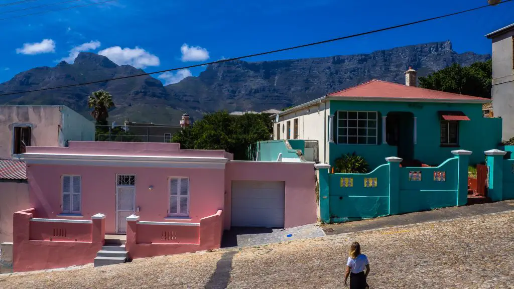 Table Mountain in the distance from the Bo Kaap neighborhood