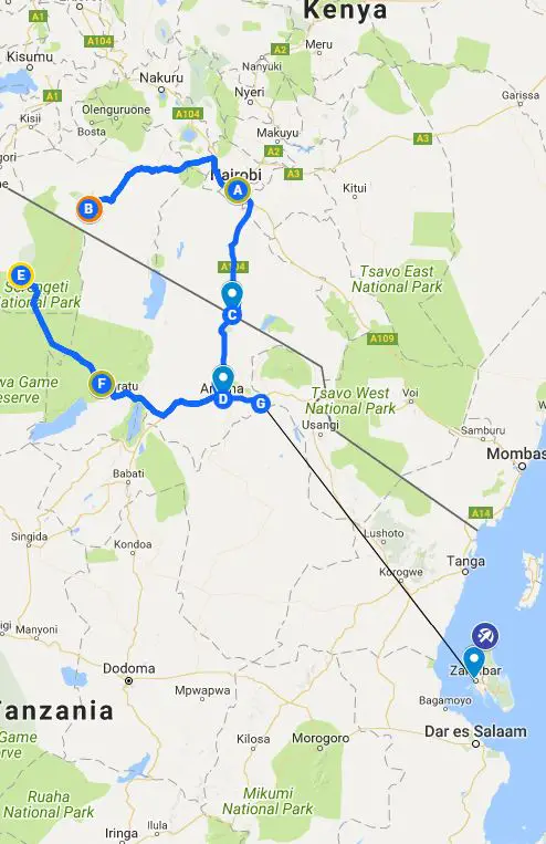 two week kenya and tanzania map itinerary travel