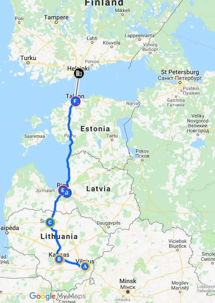 Baltics Travel Itinerary map