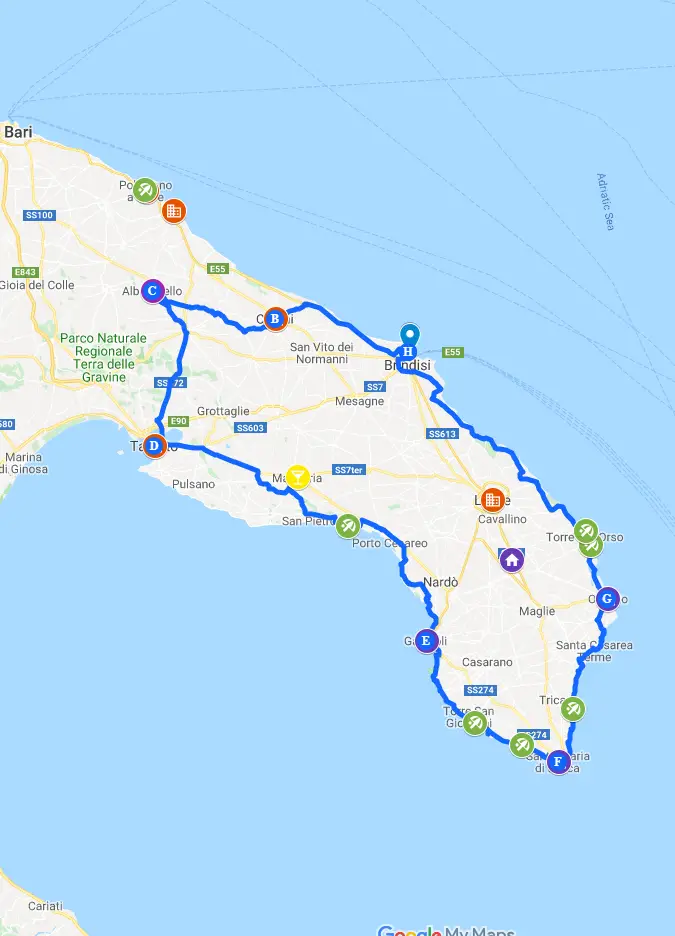 Puglia Road trip itinerary google maps