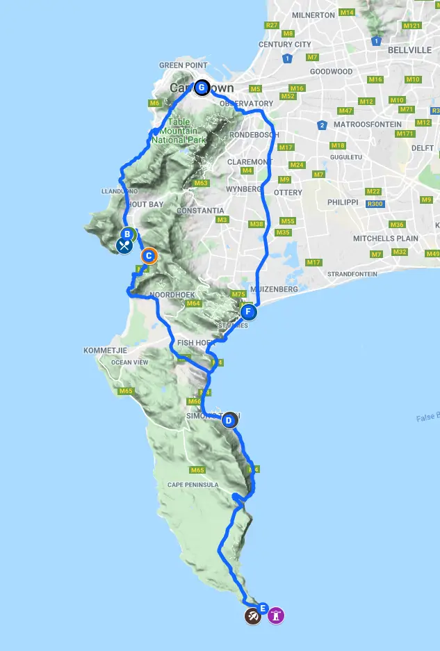 Cape Point Day trip itinerary map
