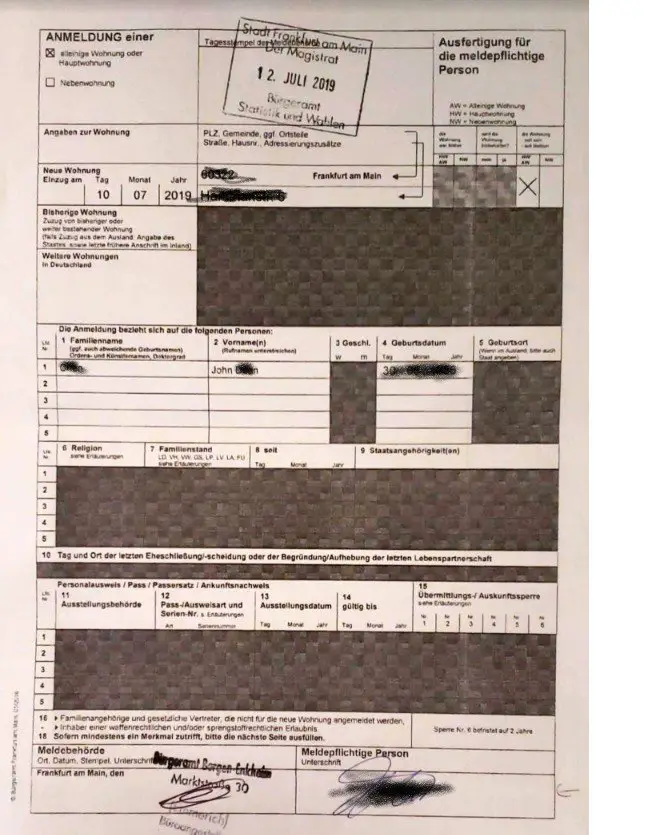 Anmeldung frankfurt germany address registration form filled out example