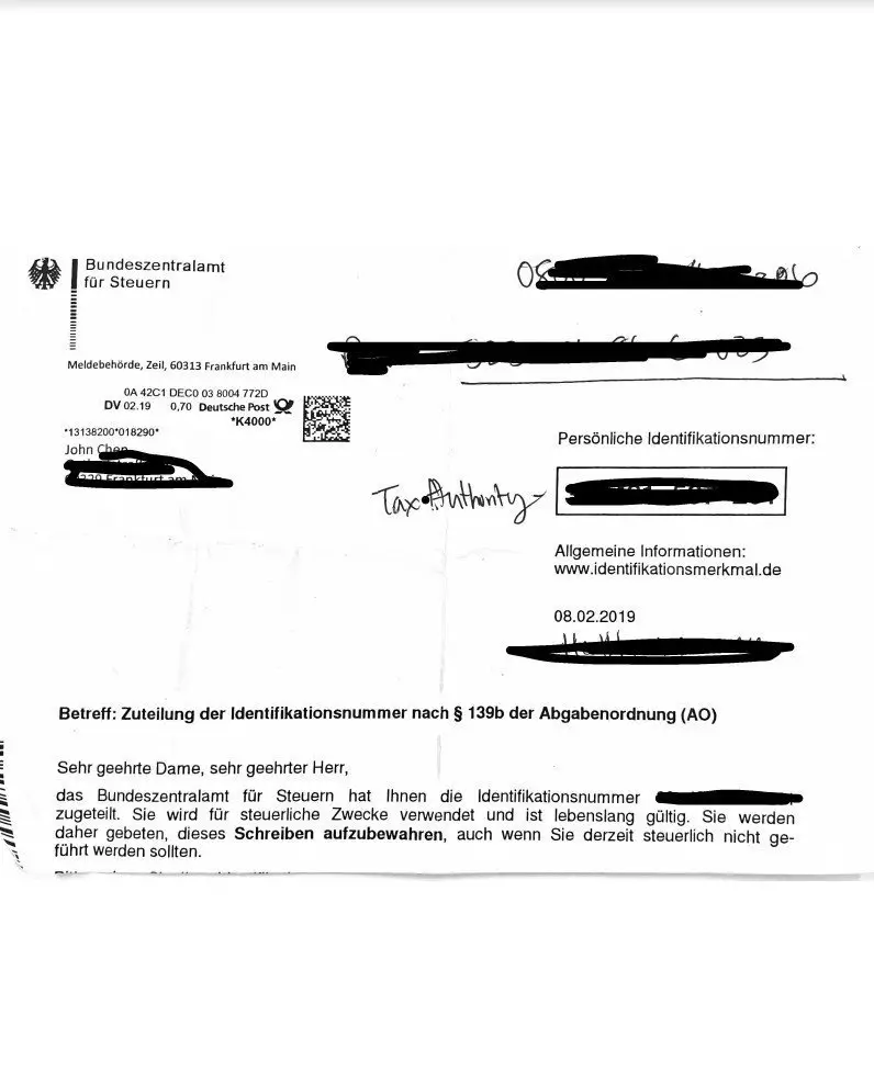 German Steuer ID Tax ID form