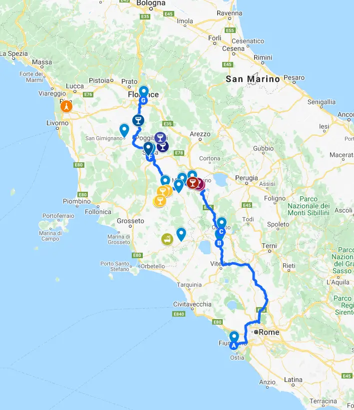 tuscany itinerary road trip map