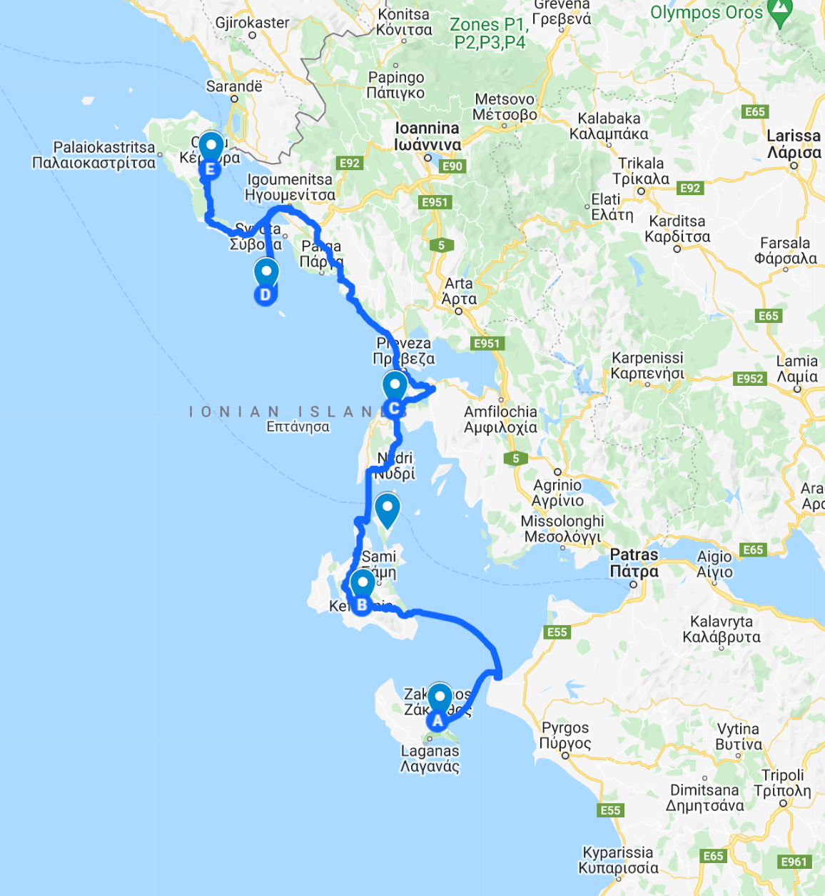 ionian islands itinerary map