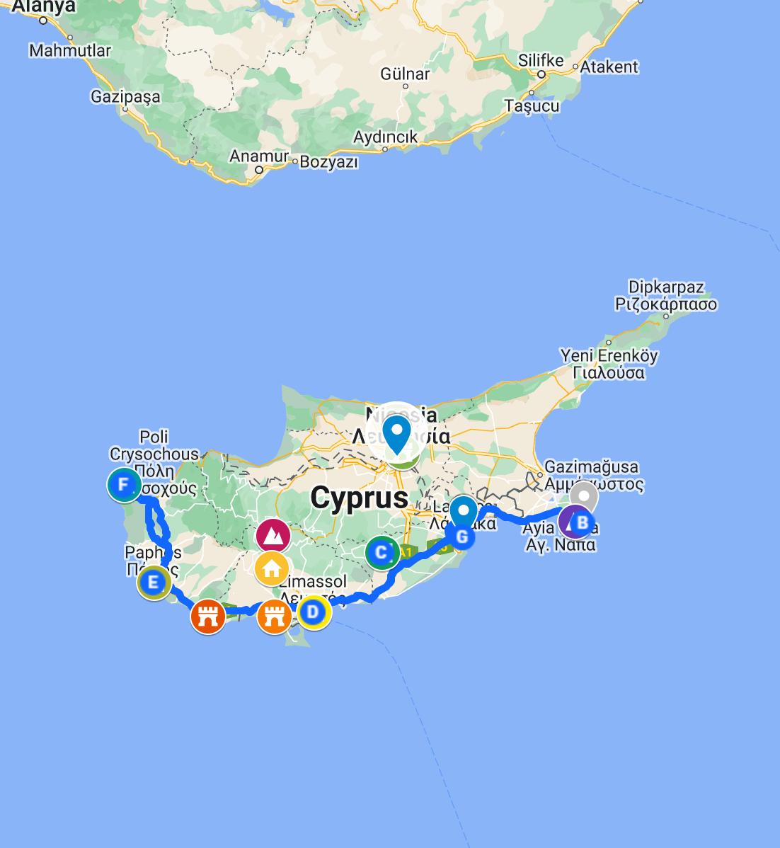 CYprus road trip itinerary map 