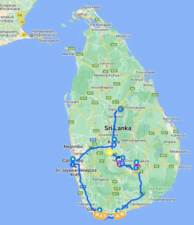 Sri Lanka itinerary map of where I went